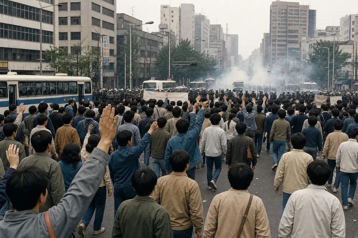 1987년 도심에서 시민과 학생이 함께 행진하는 민주화 운동 복원 장면