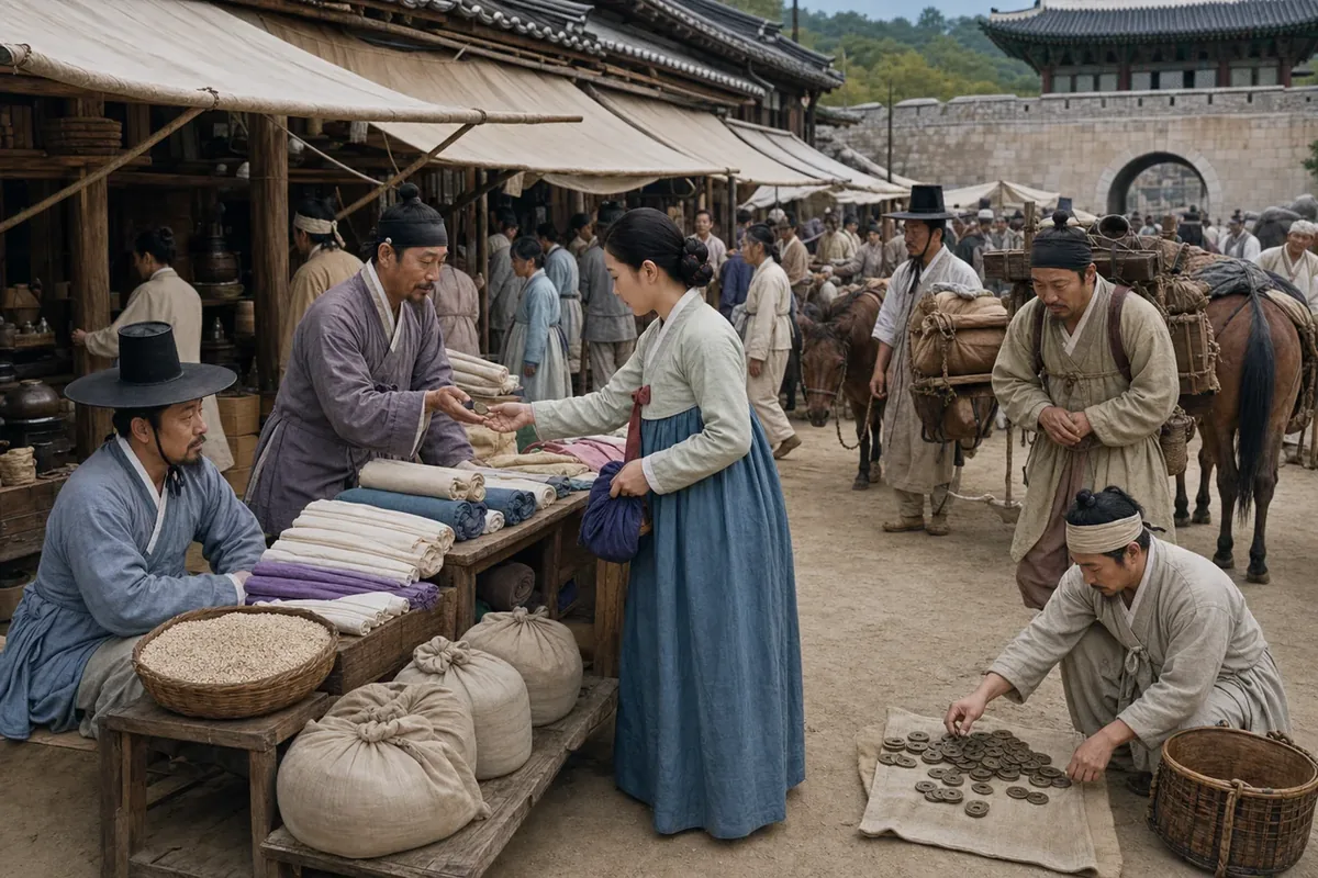 조선 후기 장시에서 곡식과 옷감을 거래하고 엽전을 사용하는 복원 장면