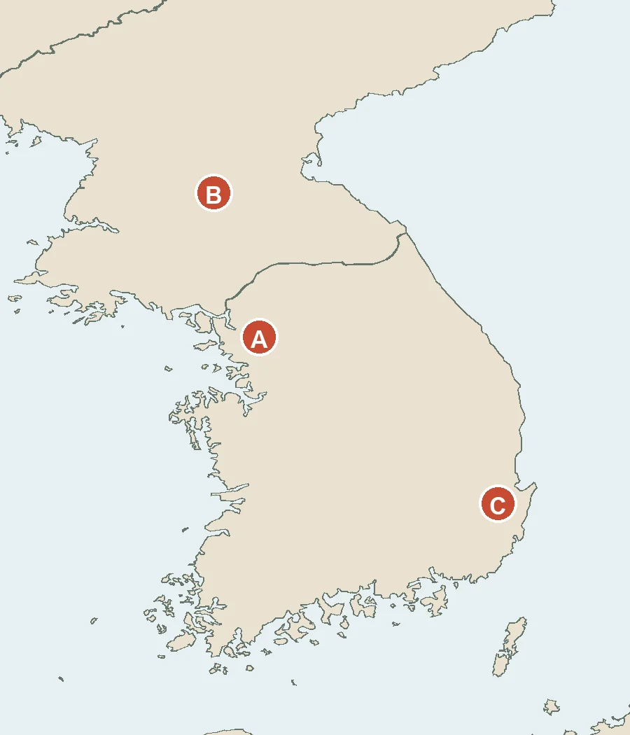 한반도의 세 지점을 표시한 지도. A는 중서부, B는 북부 내륙, C는 동남부에 있다.