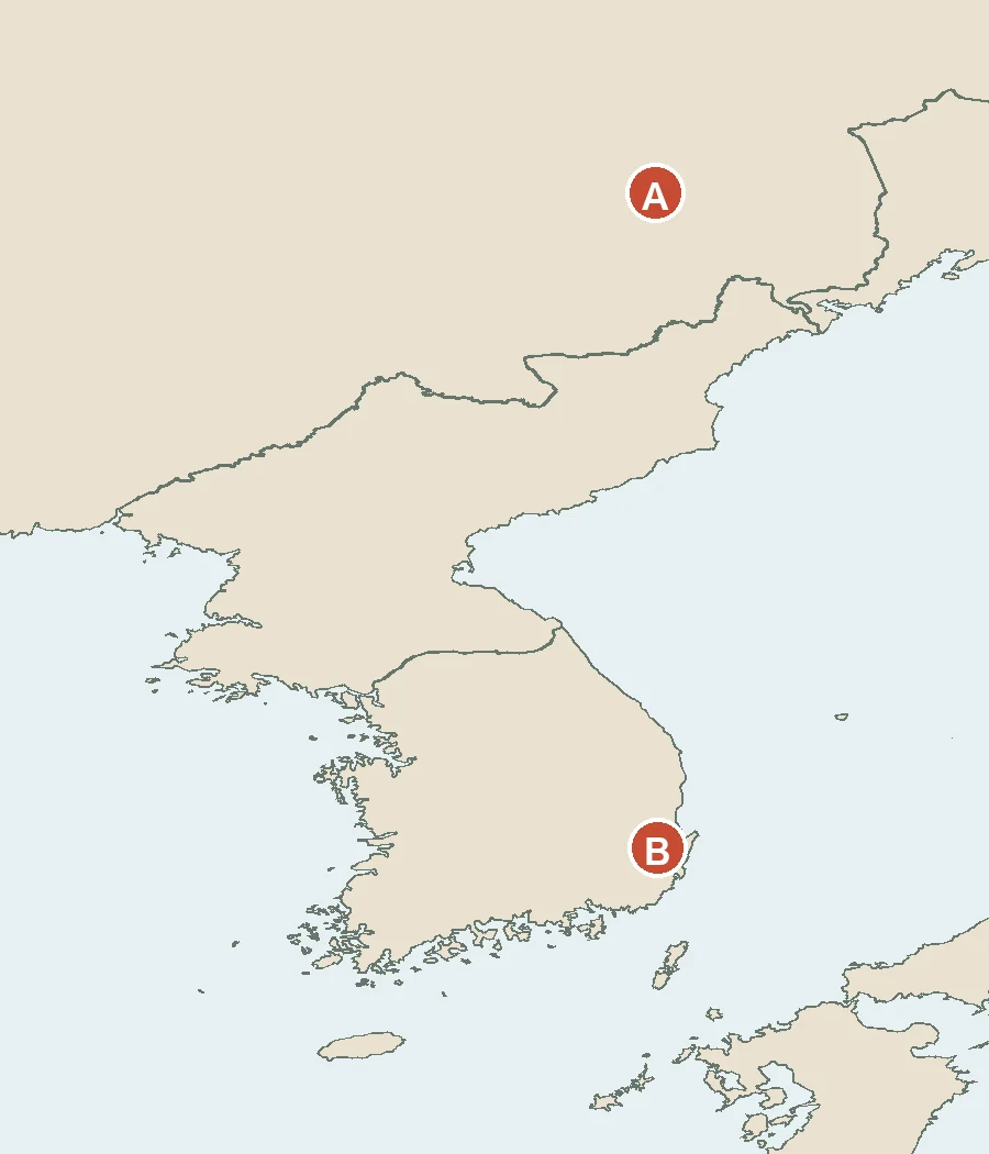 만주 동북부의 A와 한반도 동남부의 B를 표시한 지도.