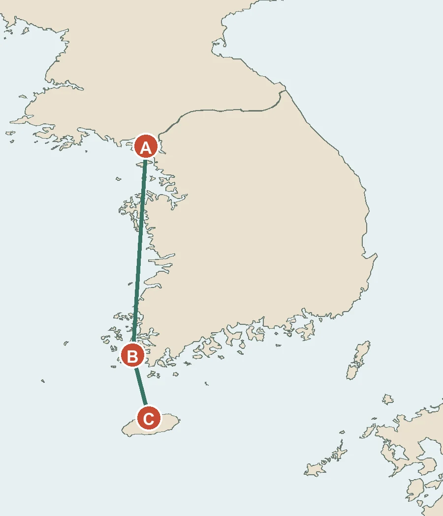 서해 중부의 A, 서남해의 B, 남쪽 섬의 C를 표시한 지도.