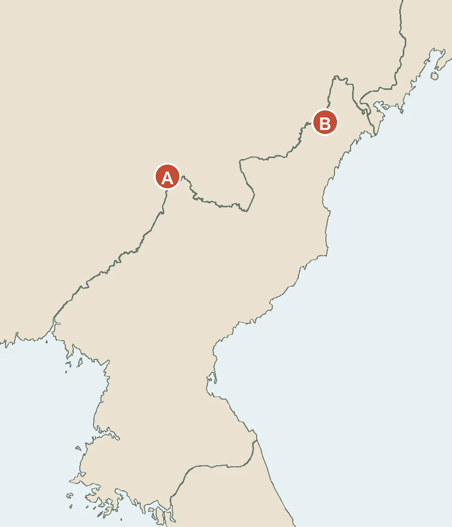 압록강 상류 부근의 A와 그 북동쪽 두만강 하류 부근의 B를 표시한 지도.