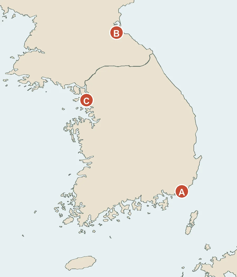 한반도의 세 해안 지점을 표시한 지도. A는 동남부, B는 동북부, C는 서해 중부에 있다.