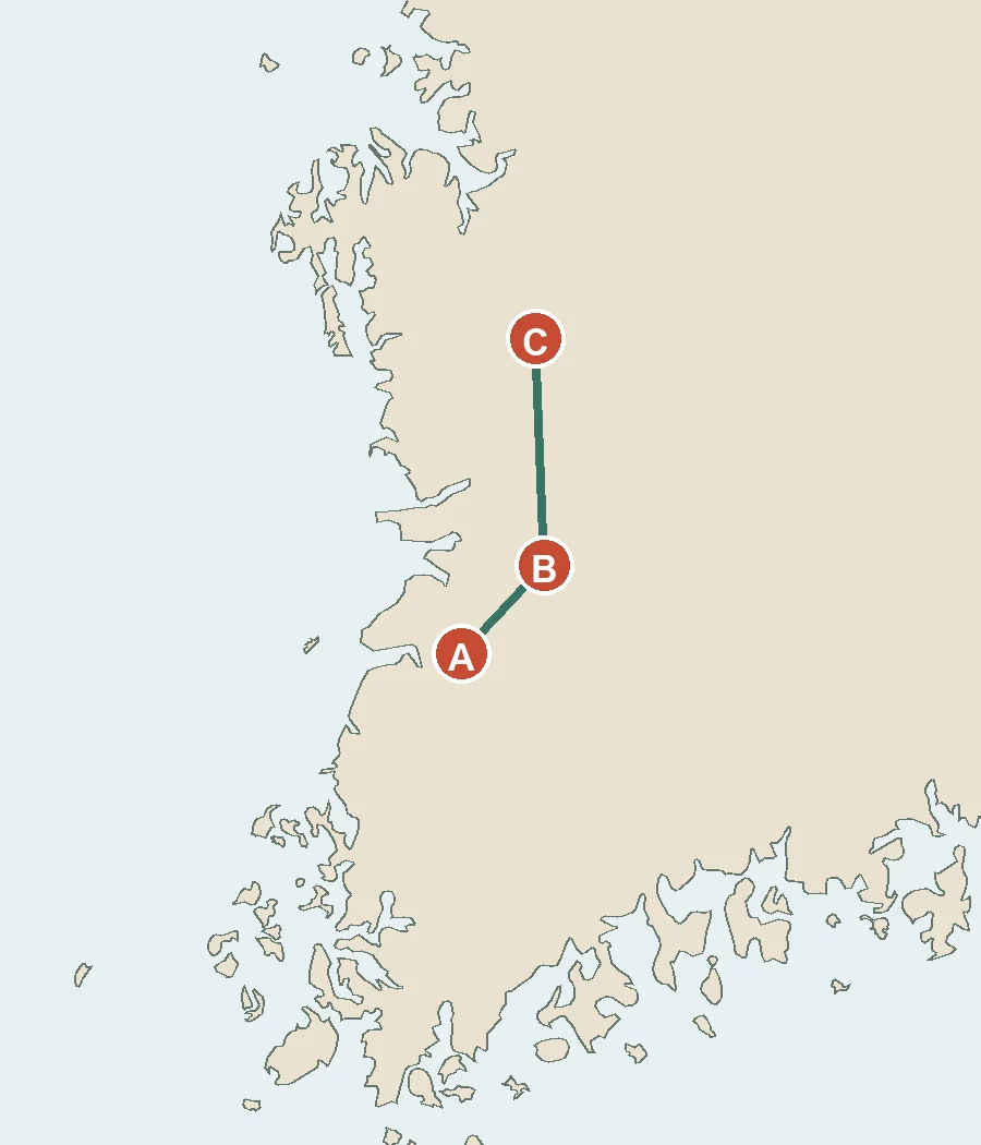 한반도 서남부 내륙의 A에서 북동쪽 B를 거쳐 더 북쪽 C로 이어지는 경로를 표시한 지도.