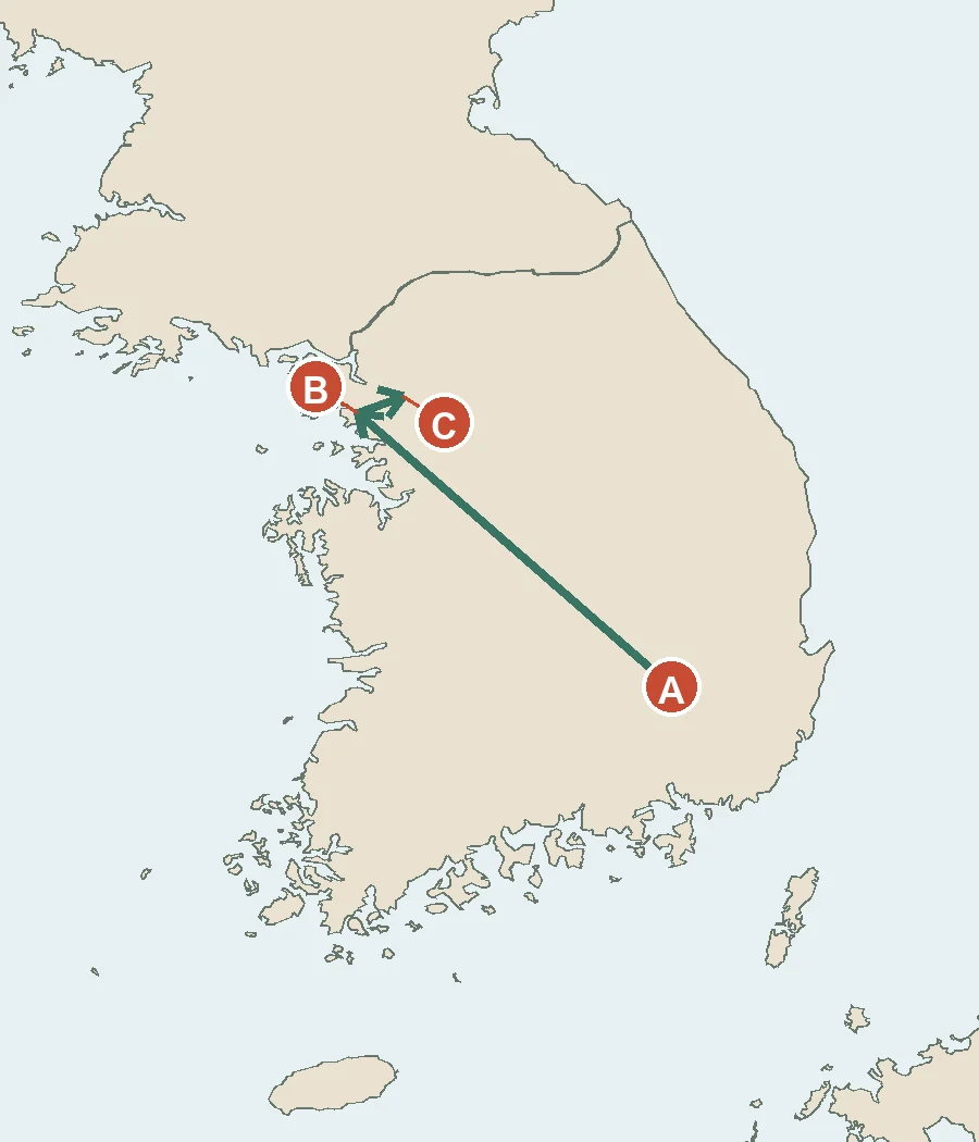 한반도 동남부 내륙의 A에서 서해 중부 해안의 B와 그 동쪽 내륙의 C로 이어지는 화살표를 표시한 지도.